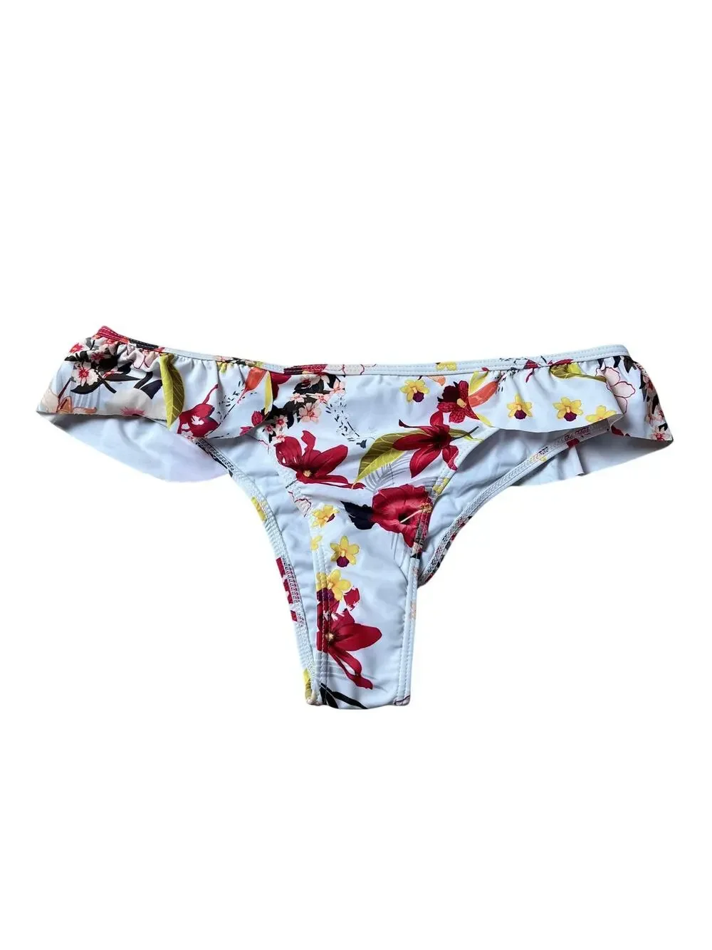 Beachkissd Panties Womens L White Floral Thong High Leg Ruffle Stretch
